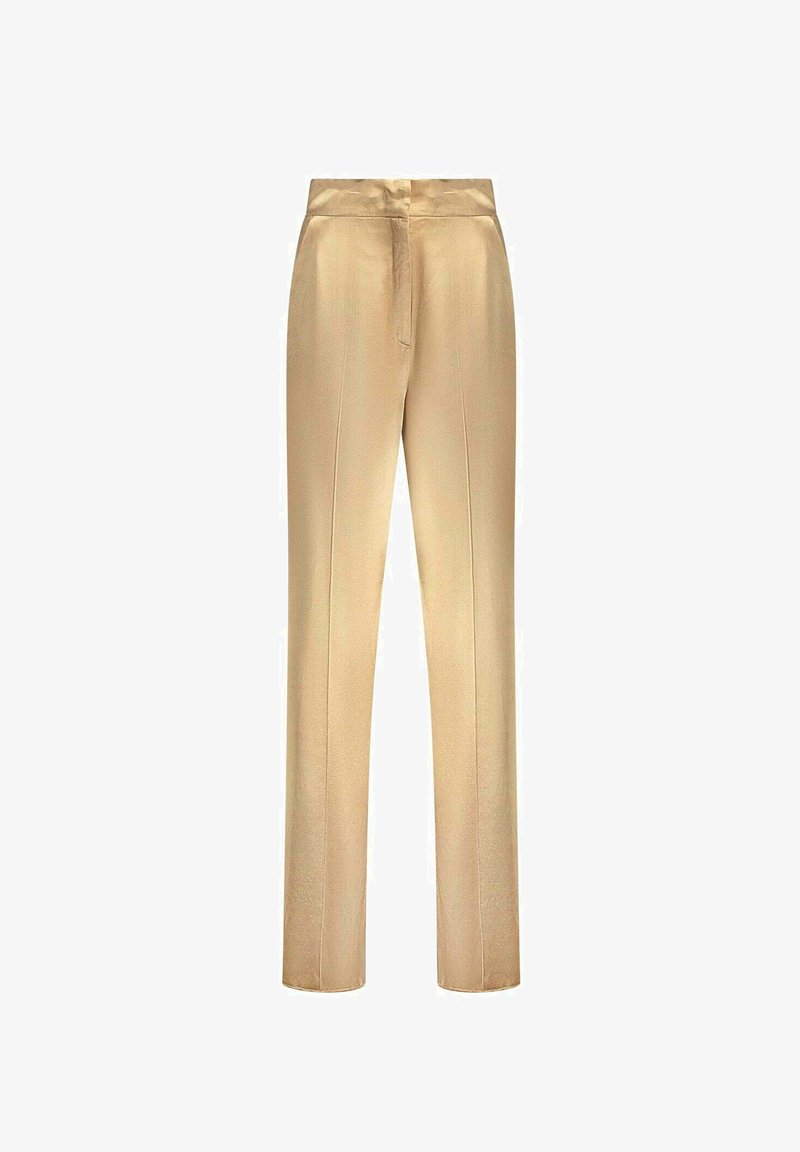 Satin, beige broek met een hoge taille, rechte pijpen en voornaden. Gladde textuur met een subtiele glans en zonder zakken.