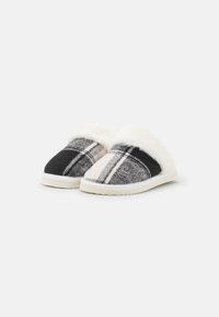 Plaid slippers in black, white, and gray with a faux fur lining. Soft fabric upper, cushioned sole, and open-back design for easy wear.