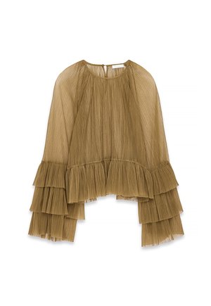 Blusa trasparente marrone a pieghe con scollatura tonda e maniche a campana con volant a strati, chiusura posteriore con bottoni.