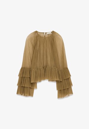Bruine sheer geplooide blouse met ronde halslijn en gelaagd ruffle klokmouwen, sluiting met knopen aan de achterkant.