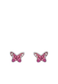 Orecchini a forma di farfalla rosa decorati con più gemme rosa e trasparenti, montati in un metallo di tonalità argento. Superficie scintillante con texture miste.