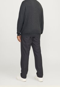 Mann trägt einen dunkelgrauen Pullover, dunkle Hosen und weiße Turnschuhe, steht mit dem Rücken zur Kamera vor weißem Hintergrund.