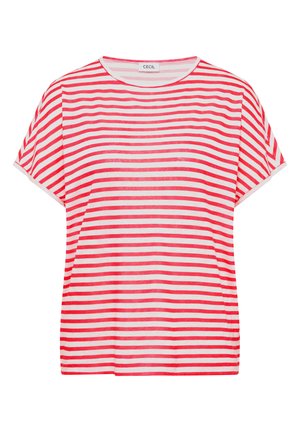 T-shirt à manches courtes avec des rayures horizontales rouges et blanches et un col rond.