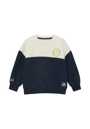 Dziecięca bluza z kremową górą, granatowym dołem, okrągłym nadrukiem piłki tenisowej na klatce piersiowej oraz naszywkami z logo na rękawie i u dołu.