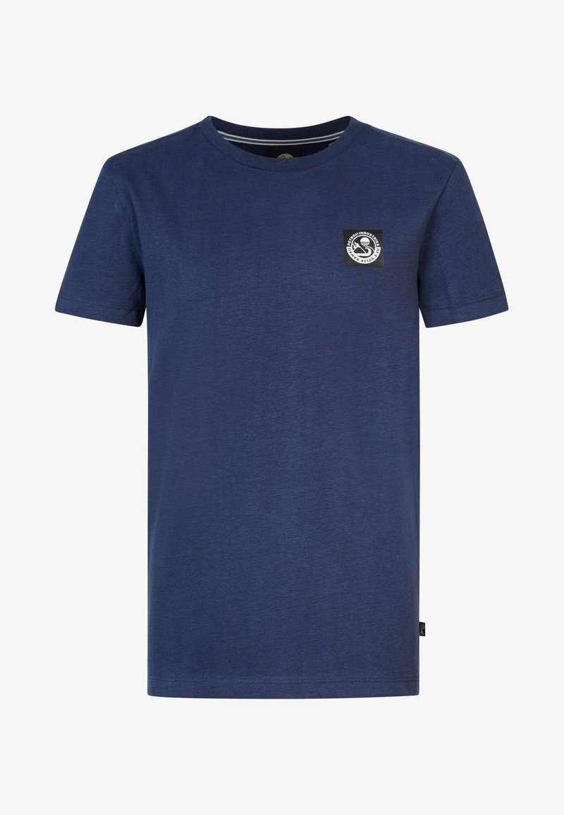 Marineblaue T-Shirt aus weichem Stoff. Verfügt über einen Rundhalsausschnitt, kurze Ärmel und ein kleines Logo-Patch auf der linken Brust. Einfaches Design.