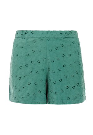 Groene katoenen shorts met ingewikkeld bloemenborduursel, elastische tailleband en een lichtgewicht textuur. Kort, casual ontwerp.