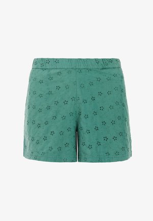 Groene katoenen shorts met ingewikkeld bloemenborduursel, elastische tailleband en een lichtgewicht textuur. Kort, casual ontwerp.