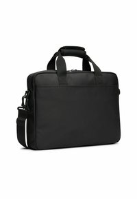 Borsa per laptop nera realizzata in tessuto resistente; presenta una chiusura con zip, doppi manici superiori e una tracolla regolabile. Finitura liscia e opaca.