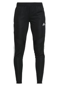 Black athletic pants with a slim fit, made of lightweight fabric, featuring white side stripes and an elastic waistband for comfort.