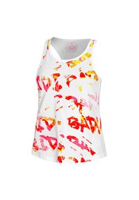 Ärmelloses weißes Tank-Top mit einem auffälligen, abstrakten Muster in Rosa- und Gelbtönen, mit einer weichen Baumwollstruktur und einem Racerback-Design.