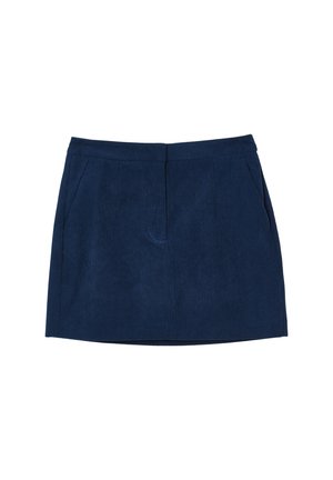 Gonna mini in velluto a coste blu navy con tasche laterali e una cucitura frontale, esposta su uno sfondo bianco.