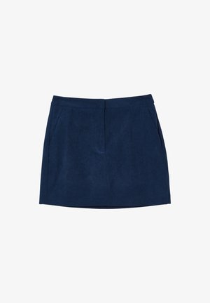 Jupe mini en velours côtelé bleu marine avec poches sur les côtés et une couture frontale, présentée sur un fond blanc.