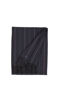 Sciarpa blu scuro con sottili strisce verticali rosa e bianche, rifinita con bordi frangiati. Texture morbida, forma rettangolare.