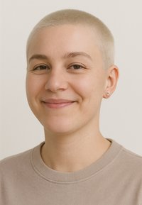 Zbliżenie na osobę z krótkimi, jasnoblond włosami, ubraną w beżowy dres i małe srebrne kolczyki w kształcie serca. Neutralne tło.