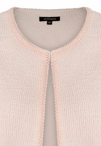 Hellrosa texturiierte Jacke mit rundem Ausschnitt und ohne Verschlüsse, verfügt über ein gewebtes Design und ein glattes Innenfutter. Größe 36 Etikett sichtbar.