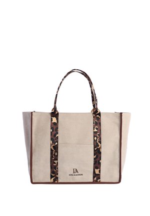 Bolso tote de lona beige con asas y ribetes de estampado de leopardo, con bolsillo delantero y logo "Don Algodón".