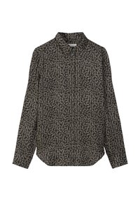Long-sleeve shirt in dark fabric with a small, white floral print. Features a collar and button-up front, with a curved hemline.