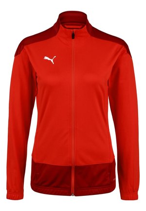 Rood sportjack met volledige ritssluiting, lange mouwen, donkerrode panelen op de schouders en zoom, en wit Puma-logo op de borst.