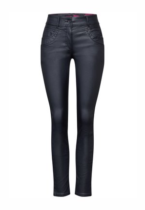 Black high-waist slim-fit pants with front button and zipper closure, front and back pockets, and stitched detailing.