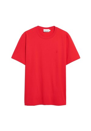 Rotes Baumwoll-T-Shirt mit kurzen Ärmeln, Rundhalsausschnitt und einem kleinen Logo, das oben links eingestickt ist. Glatte Textur, lässiges Design.