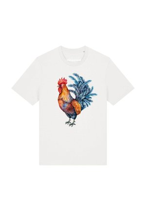 T-shirt blanc à manches courtes avec un graphisme détaillé et coloré de coq centré sur le devant.