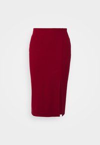 Jupe crayon rouge taille haute avec une fente à l'avant droite, longueur genou, sur un fond clair uni.
