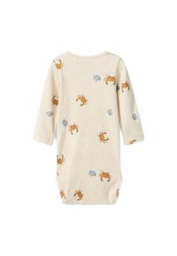 Monillo de manga larga de algodón beige con un estampado de cangrejo y algas, con cuello redondo y cierres a presión en la parte inferior.