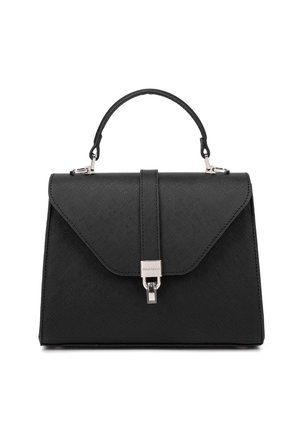 Borsa nera con materiale sintetico testurizzato, forma angolare, patta frontale, chiusura in metallo argento e manico corto.