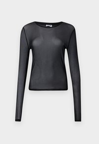 Haut à manches longues noir en tissu transparent, présentant un col rond et une coupe ajustée, texture lisse, sans motifs ni accents visibles.