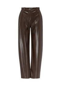 Bruine nepleer wijdlopende broeken met een glanzende afwerking, voorzien van een knoopsluiting, rits en minimalistisch ontwerp.