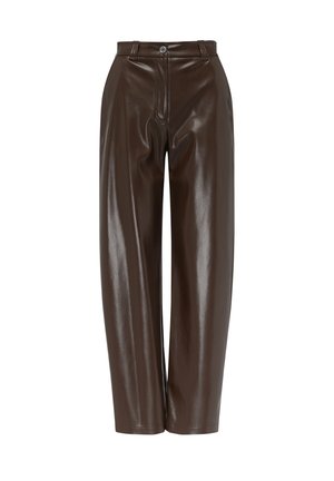 Bruine nepleer wijdlopende broeken met een glanzende afwerking, voorzien van een knoopsluiting, rits en minimalistisch ontwerp.