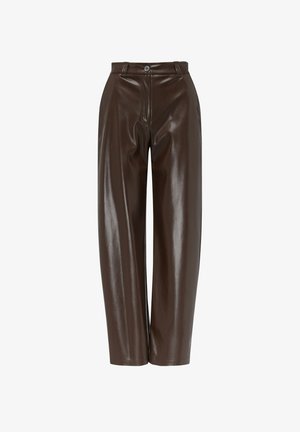 Bruine nepleer wijdlopende broeken met een glanzende afwerking, voorzien van een knoopsluiting, rits en minimalistisch ontwerp.