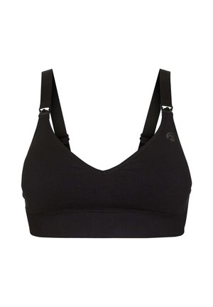 Zwarte naadloze sportbeha met verstelbare bandjes en een klein logo aan de linkerkant, ontworpen voor comfort en ondersteuning.