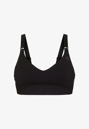 Brassière de sport noire sans coutures avec bretelles ajustables et un petit logo sur le côté gauche, conçue pour le confort et le maintien.