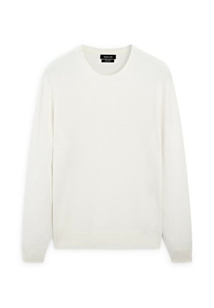 Weißer Pullover aus weichem Stoff, mit Rundhalsausschnitt, langen Ärmeln und gerippten Bündchen sowie Saum. Schlichtes Design ohne sichtbare Muster.