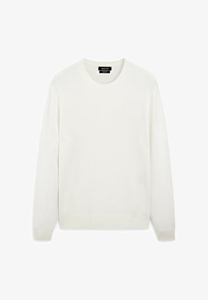 Witte trui van zachte stof, met een ronde hals, lange mouwen en geribde boorden en zoom. Eenvoudig ontwerp zonder zichtbare patronen.