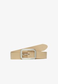 Cinturón de cuero sintético beige con una hebilla rectangular plateada, con un solo remache y una textura suave. Diseño simple y minimalista.