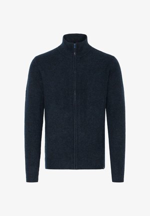 Mörkblå zip-up-tröja med hög krage, ribbade ärmslut och fåll, tillverkad av strukturerat material. Har en enkel och ren design.