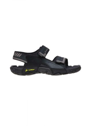 Sandal nero con cinturini regolabili, suola in gomma, soletta testurizzata e un accento del logo giallo. Design robusto per l'uso all'aperto.