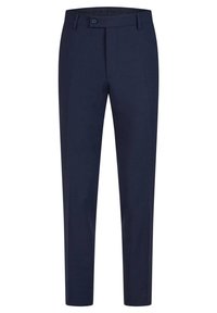 Marineblaue Hose aus glattem Stoff, mit flachem Vorderteil, Knopfverschluss und schmalem Schnitt mit schmal zulaufenden Beinen.