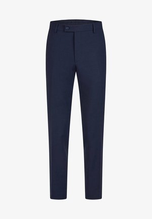 Marineblaue Hose aus glattem Stoff, mit flachem Vorderteil, Knopfverschluss und schmalem Schnitt mit schmal zulaufenden Beinen.