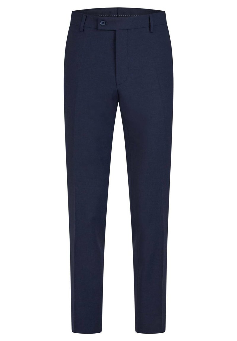 Marineblaue Hose aus glattem Stoff, mit flachem Vorderteil, Knopfverschluss und schmalem Schnitt mit schmal zulaufenden Beinen.