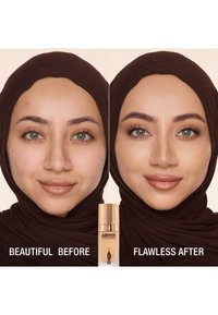Before and after images show facial skin with visible imperfections on the left, and smooth, even-toned skin on the right. A foundation bottle is centered.