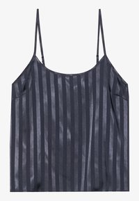 Camisola a strisce scure con spalline sottili, realizzata in tessuto lucido. Le strisce verticali alternano finiture opache e brillanti.