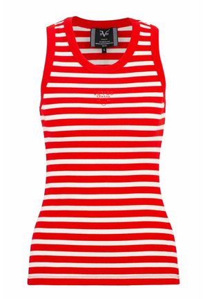 Débardeur rouge et blanc à rayures avec un col rond, confectionné en tissu côtelé. Présente le texte "LOVE ITALIA" près de la poitrine. Coupe standard.