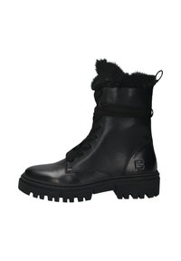 Schwarze Leder-Winterstiefel mit dickem Profilsohle, Schnürverschluss an der Vorderseite, Kunstfell-Futter und Zuglasche an der Rückseite.