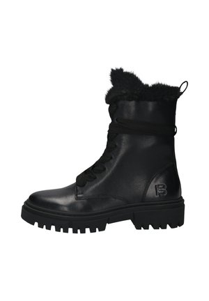 Schwarze Leder-Winterstiefel mit dickem Profilsohle, Schnürverschluss an der Vorderseite, Kunstfell-Futter und Zuglasche an der Rückseite.