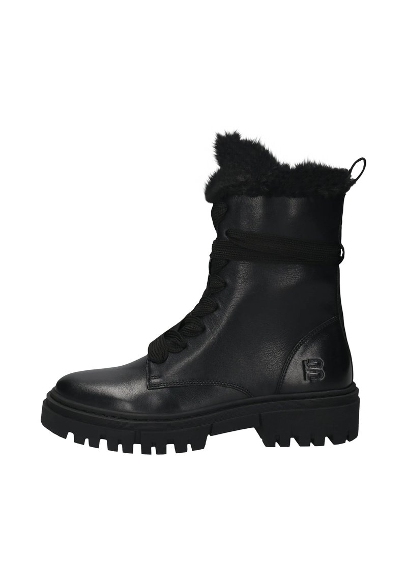 Schwarze Leder-Winterstiefel mit dickem Profilsohle, Schnürverschluss an der Vorderseite, Kunstfell-Futter und Zuglasche an der Rückseite.
