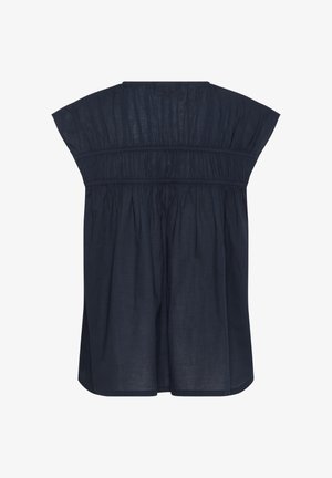 Tume navy sinise värvi lühikeste varrukatega pluus, mis on valmistatud kerge kangaga. Omab kokku tõmmatavaid voldikuid ülaosas ja elastset vöökohta, mis tagab mugava istuvuse.