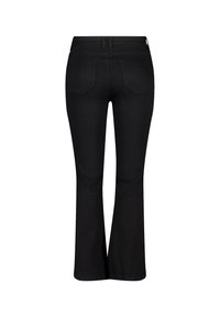 Zwarte flared jeans met een gladde stofstructuur, een middelhoge taille, twee achterzakken en opvallende naden op de benen.